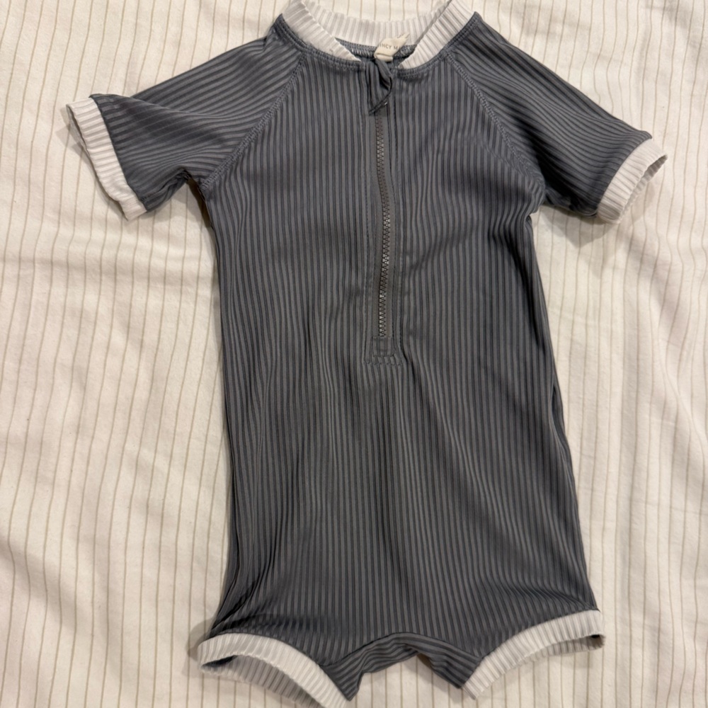 Quincy Mae Kids One-Piece Swim Suit in Gray with White Trim
